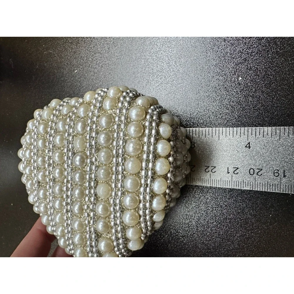 Pearl Beaded Heart Trinket Jewelry Box Faux Pearl Silver Tone Keepsake Box